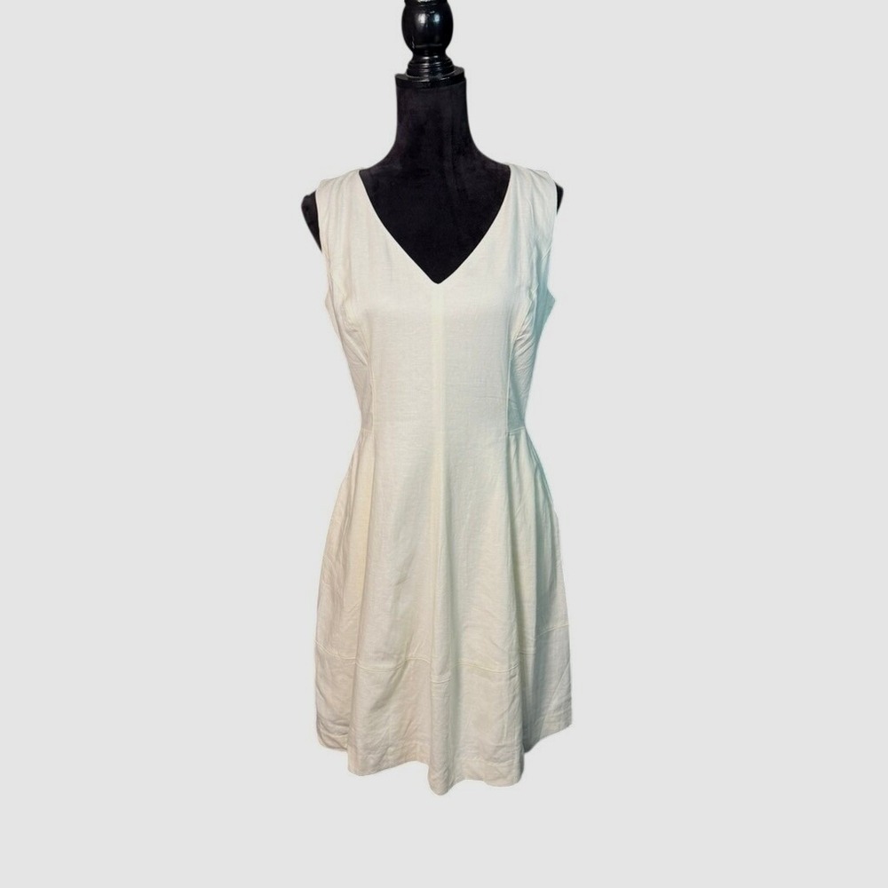 Taylor's Ivory Linen Blend Fit and Flare V-Neck Sleeveless Dress Pockets Large